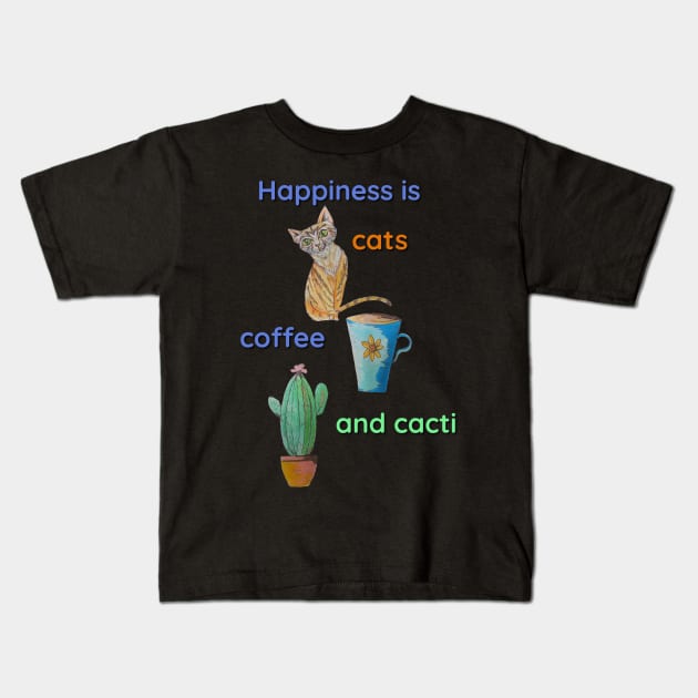 Happiness is Cats, Coffee and Cacti Kids T-Shirt by candimoonart
